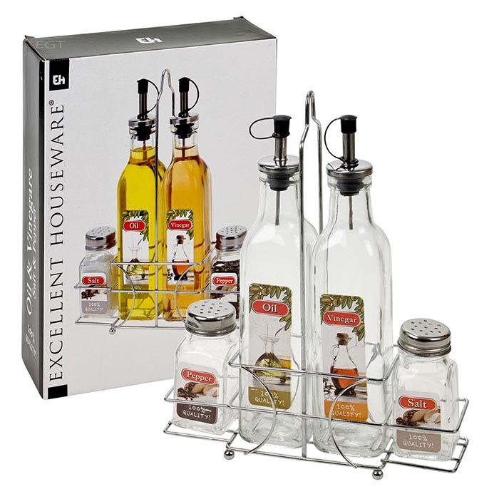 Set oliera 4 pezzi in vetro e metallo con cestino