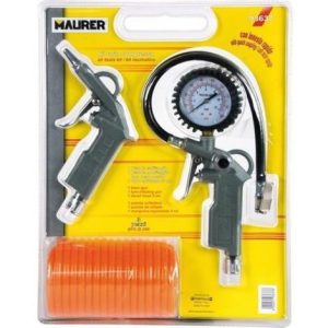 Pistola gonfiaggio con manometro - Pistola soffiaggio - Tubo raccordato spirale da 5 mt Confezione in blister Kit 3 pezzi Attacco 1/4"