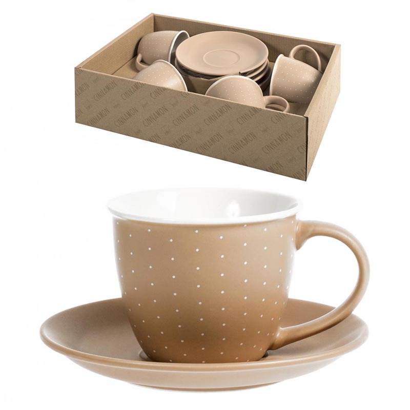 Set 4 tazzine caffè marrone 90 ml con piattino Cinnamon H&H Porcellana