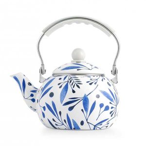 Bollitore in metallo smaltato decoro foglie blu 2 litri H&H