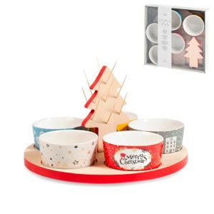 Set 5 coppette e vassoio Christmas Party H&H in porcellana e legno