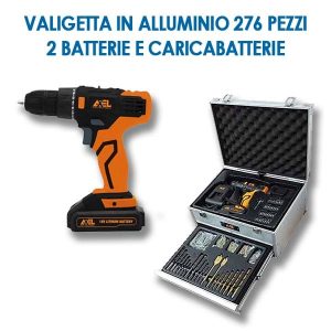 Set trapano avvitatore 18 V Valigetta 276 pezzi 2 batterie e caricabatterie AXEL