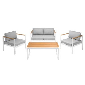 Salottino Divano Tavolino 2 Poltrone Alluminio Poliwood con Cuscini Agata