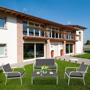 Salottino Divano Tavolino 2 Poltrone Acciaio Poliwood con Cuscini Giada