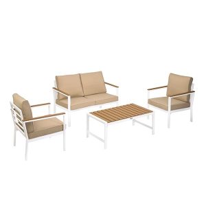 Salottino Divano Tavolino 2 Poltrone Alluminio Poliwood con Cuscini Pirite