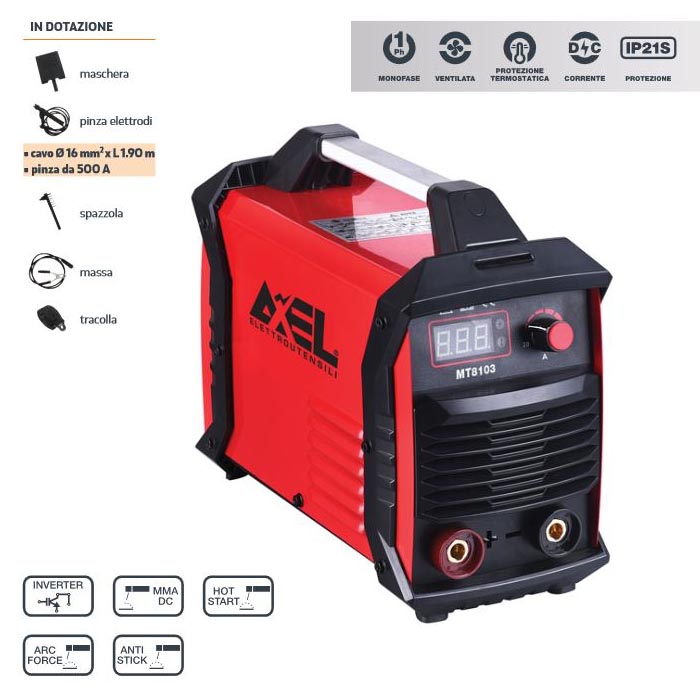Saldatrice Inverter monofase maschera ed accessori Fusion 200 Axel 200A