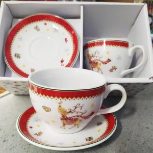Set 2 Tazze Jumbo Porcellana decoro Natale 450 cc con piattino Home