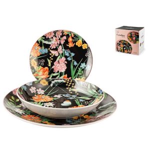 Servizio 18 pezzi piatti Caroline in porcellana nera decorata H&H