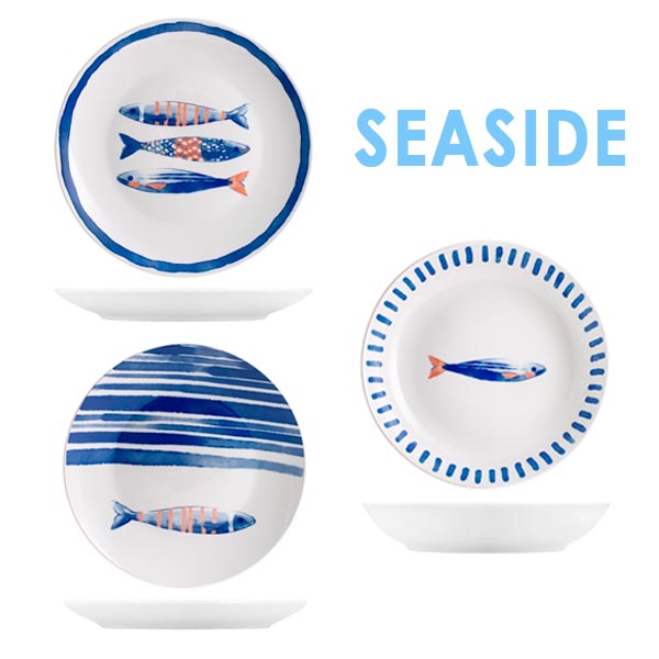 Servizio 18 pezzi piatti Seaside porcellana decorata mare pesci H&H